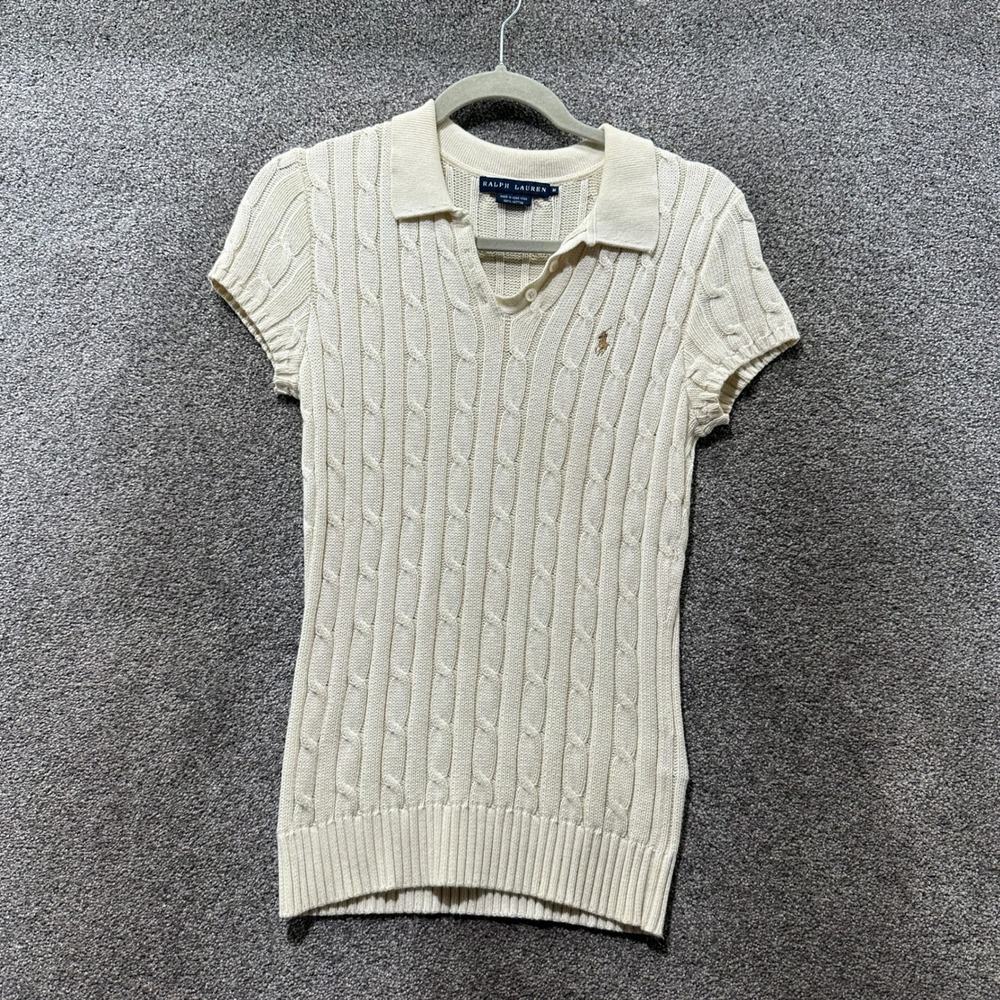 Ralph Lauren Womens Cream Cable Knit Short Sleeve Polo Sweater Medium Cotton